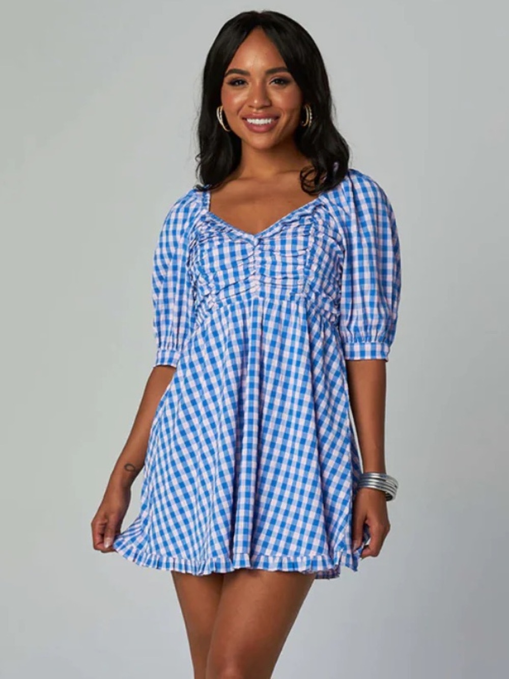 Buddy Love Poppy Blue Check Puff Sleeve Nantucket Dress in Blue Size XL